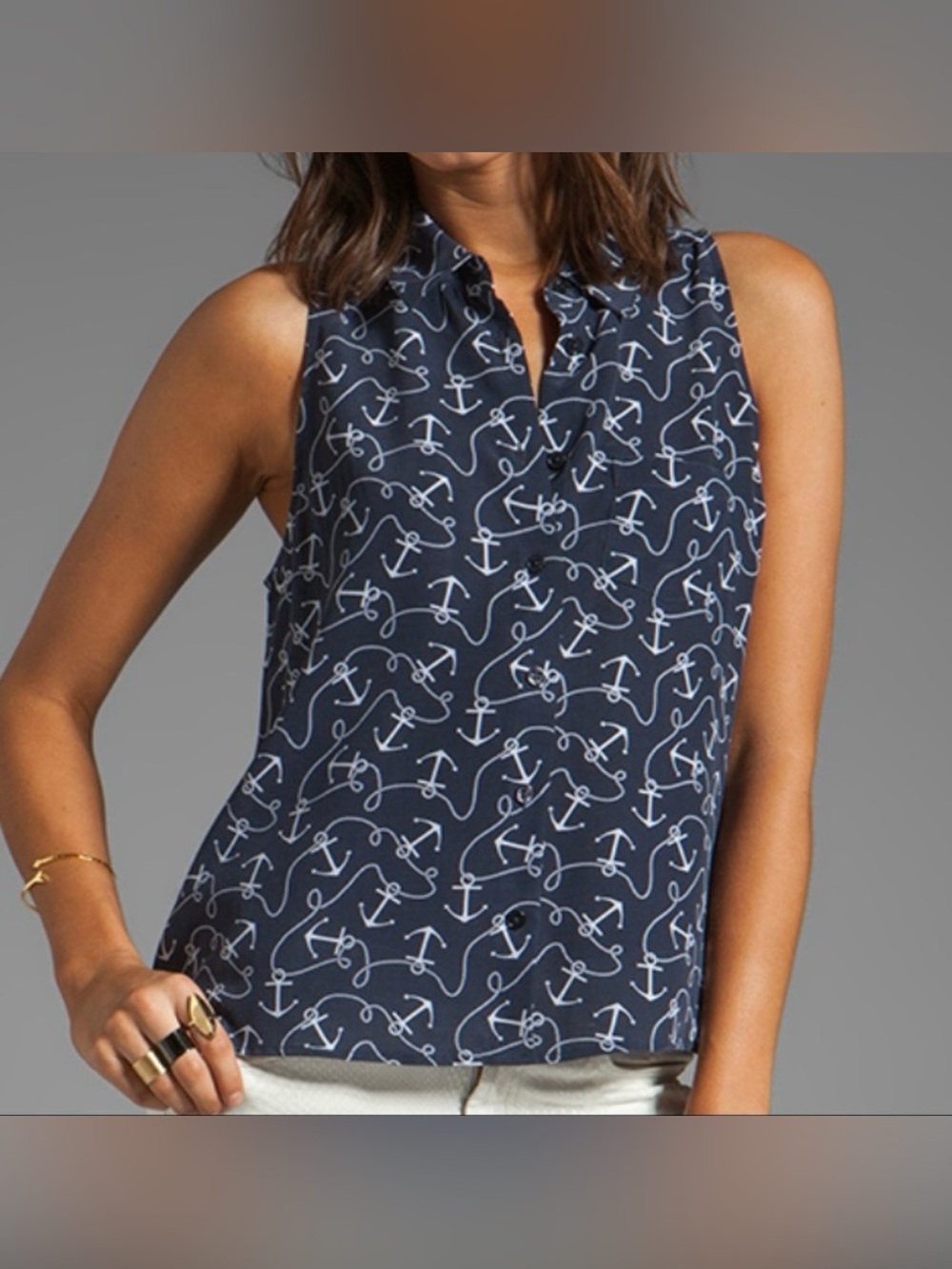 NWT Equipment Navy Anchor Print Silk Top